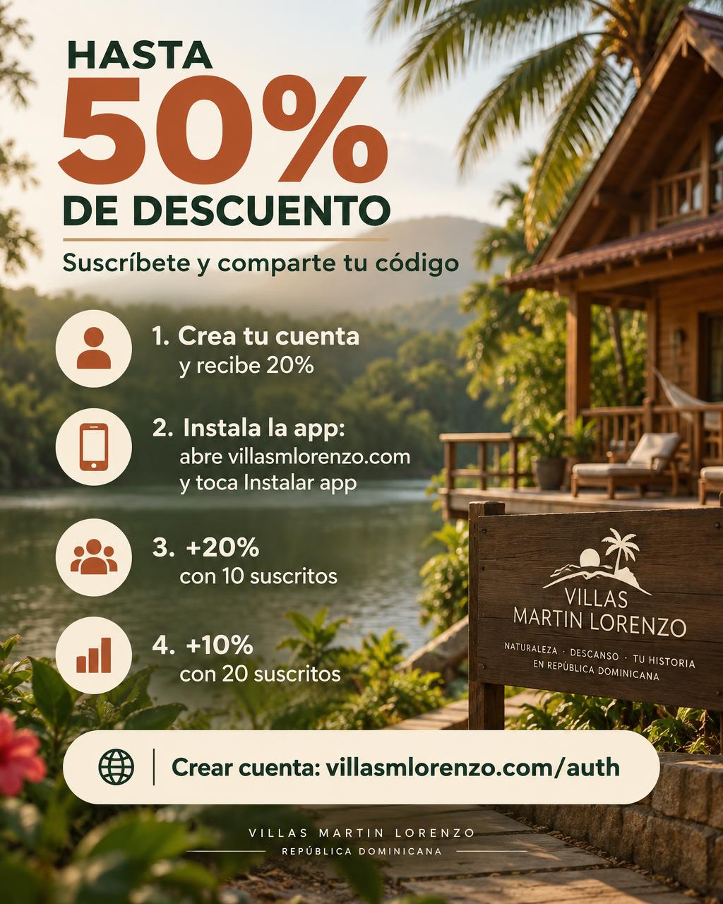 Tarjeta de la oferta de suscripción: 20% al crear tu cuenta, 40% con 10 suscritos y 50% con 20 suscritos